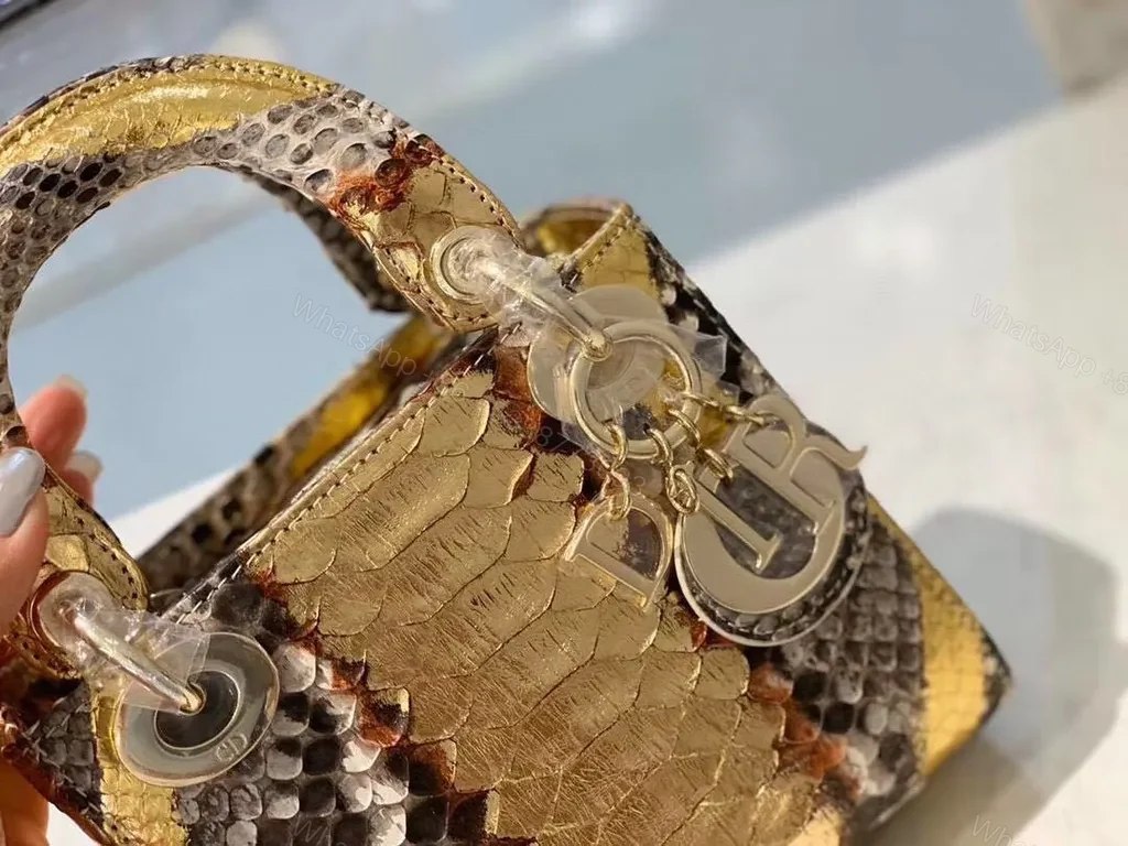 View 4 of Gold Brown White Snakeskin Mini Bag with Dior Charm