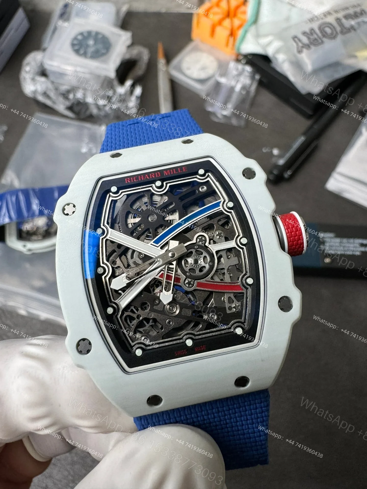 View 3 of Super Clone Richard Mille RM67-02 White Ceramic Skeleton Tourbillon 1:1 Replica Watch with Blue Strap