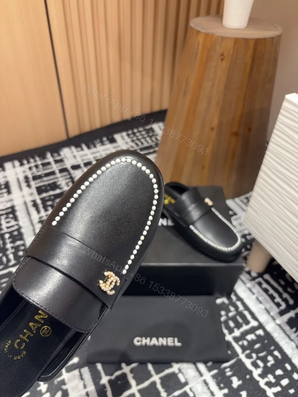 View 9 of Pearl-Trim Leather Mules – Black, Gold Hardware, Luxury Style