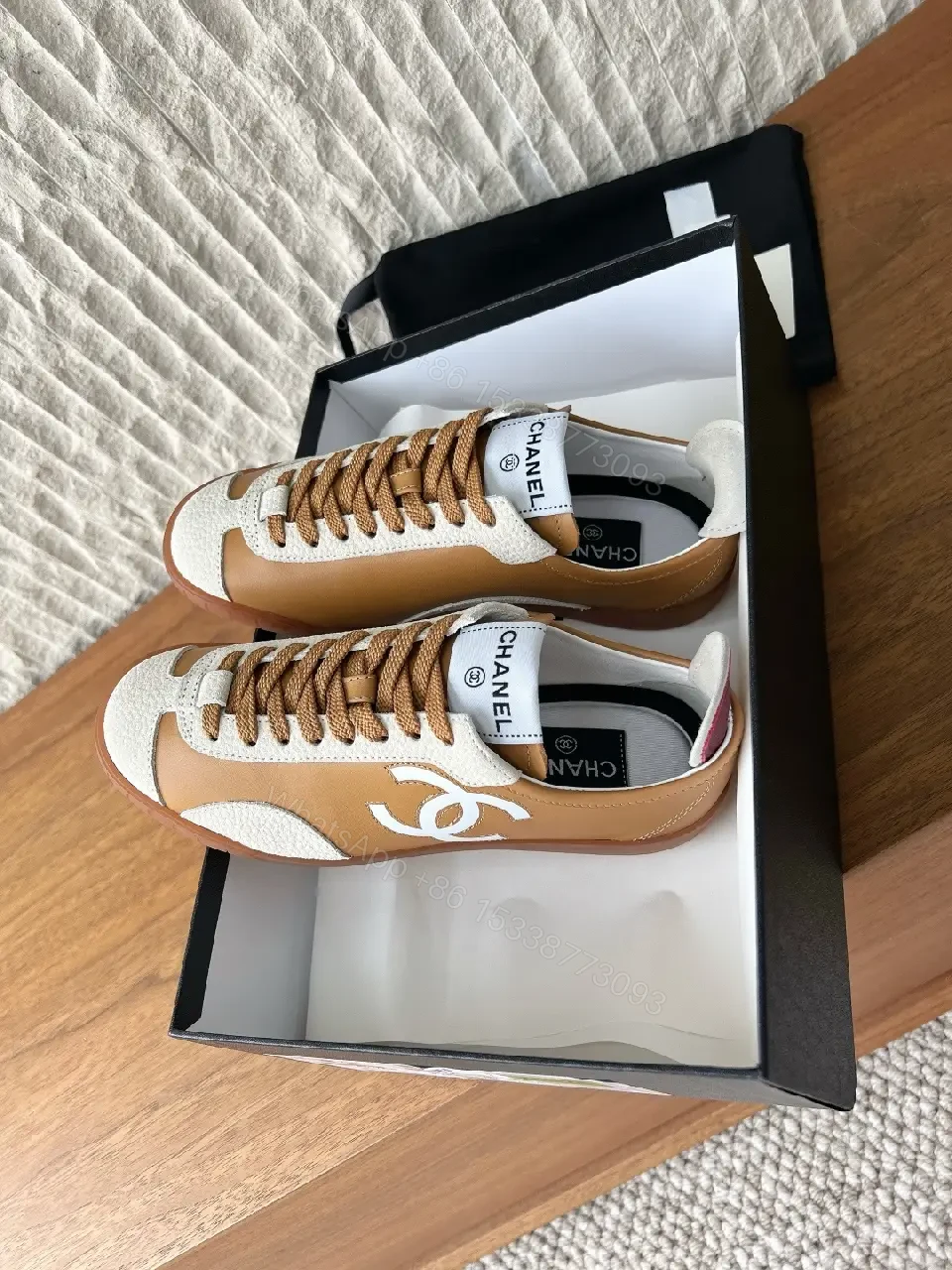 View 10 of Brown Leather High-Top Sneaker with Contrast Texture and Logo