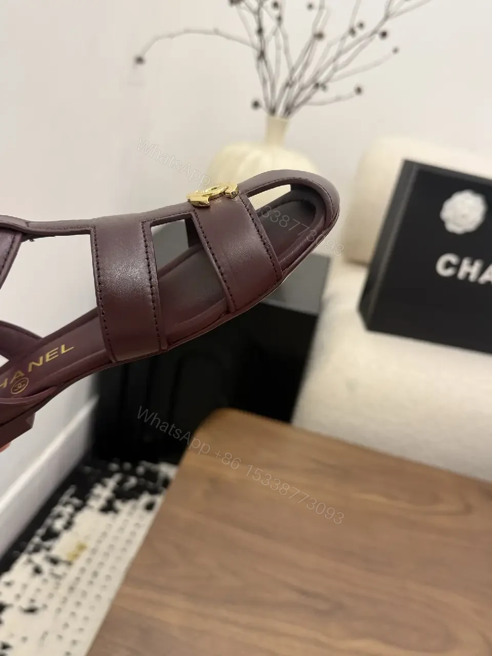 View 5 of Burgundy Leather Gladiator Sandals Gold Logo Chanel Style Sandals