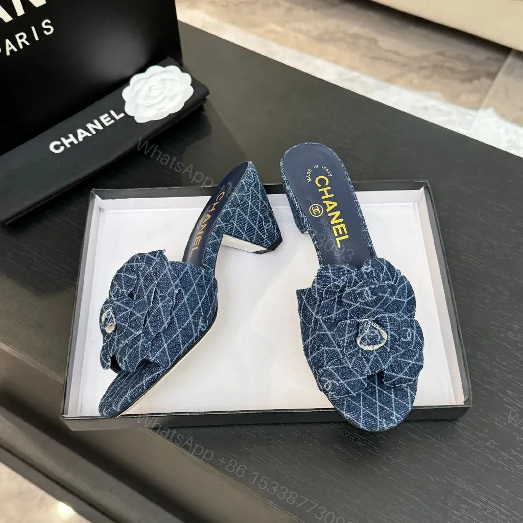 View 5 of Denim-Textured Mule Sandals with Luxe Emblem