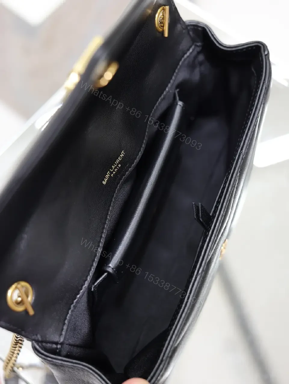 View 8 of Black Leather Structured Shoulder Bag Envelope Flap with YSL Logo Product Type