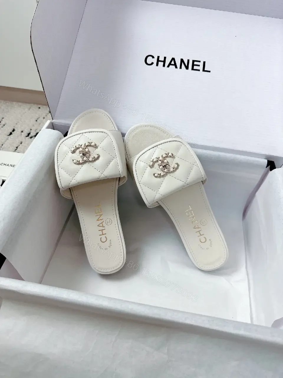 View 7 of White Leather Quilted Slides with Crystal Accent — All-Day Comfort