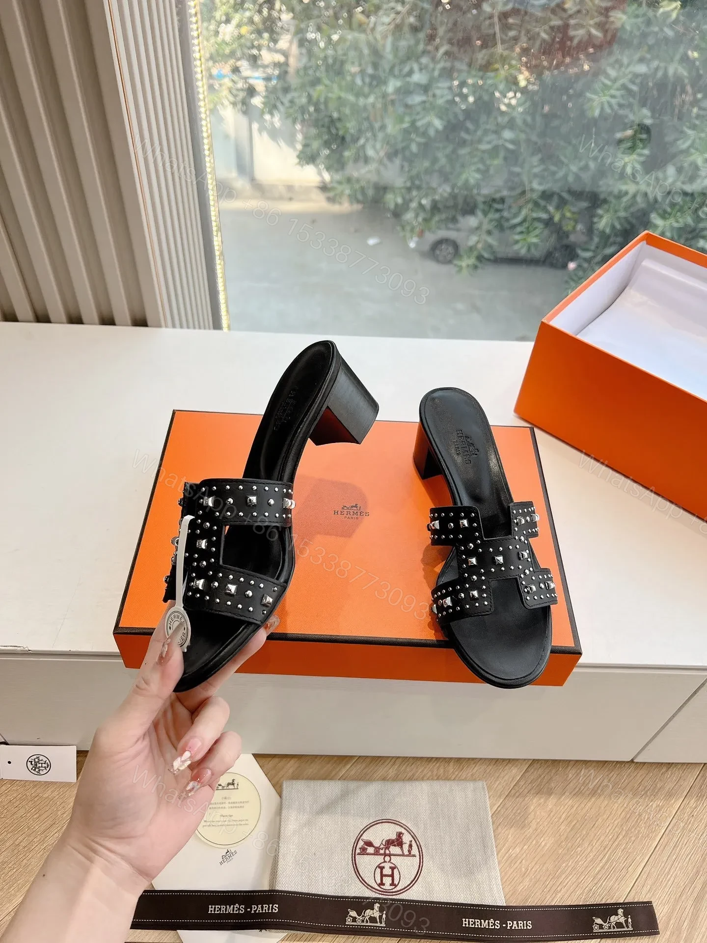 View 6 of Hermes Women Black Leather Studded Mules