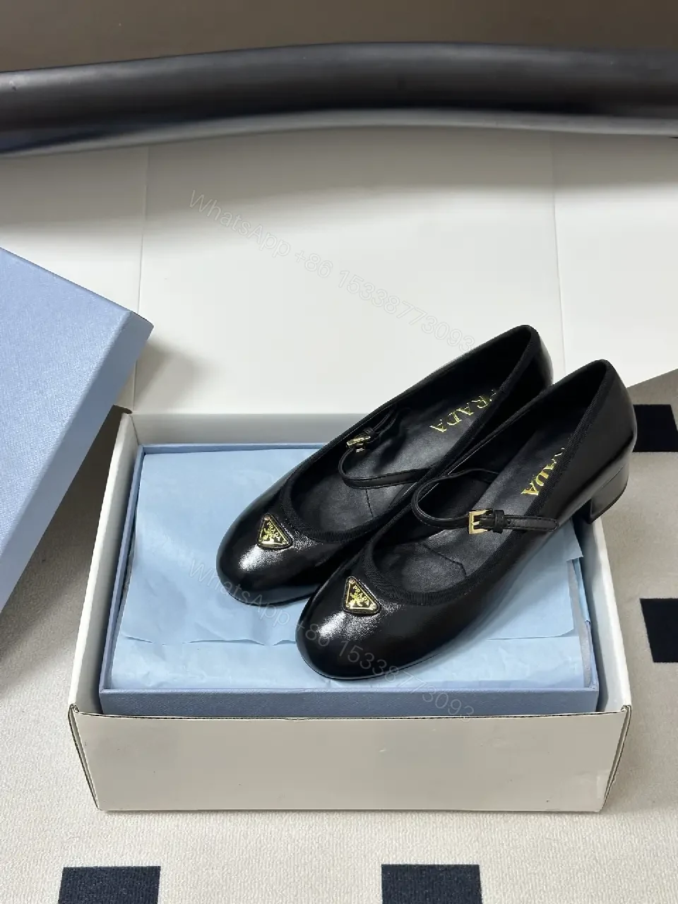 View 3 of Black Leather Mary Jane Heels with Logo Accent, Prada-inspired style