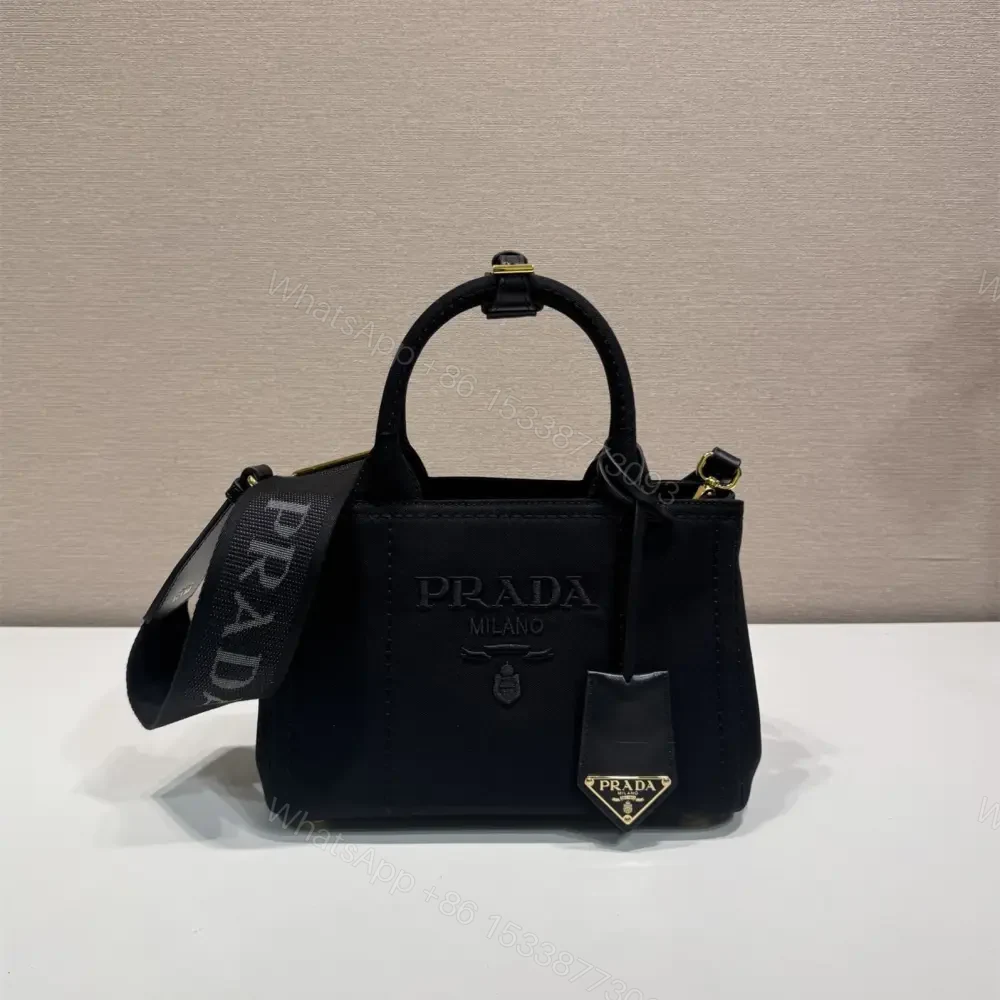 高仿Prada*1BA038刺繡徽標Tote手袋黑色Mini免檢版 — view 1
