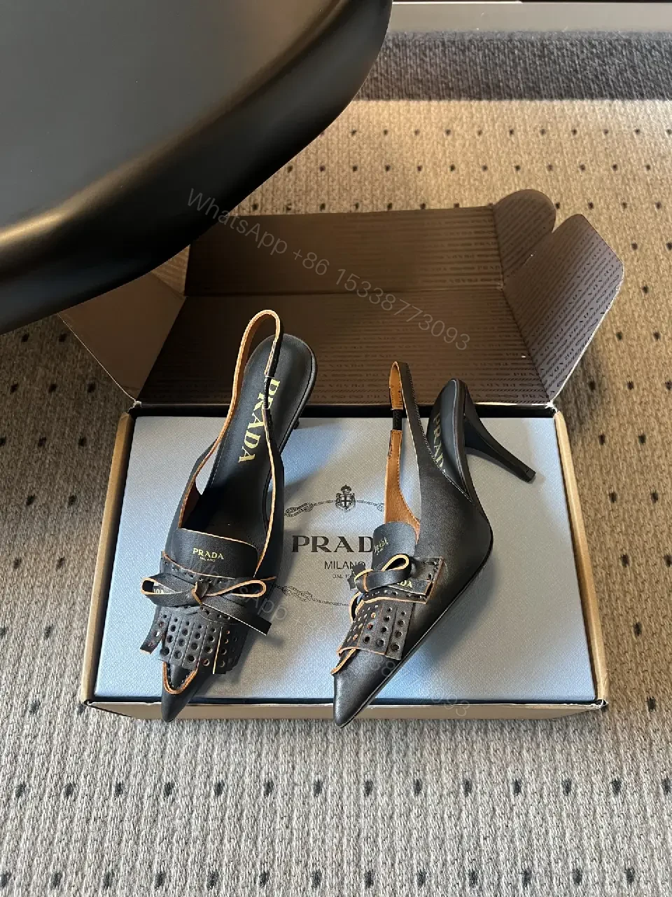 View 4 of Black Leather Prada Slingback Heels with Studded Front, Pointed Toe