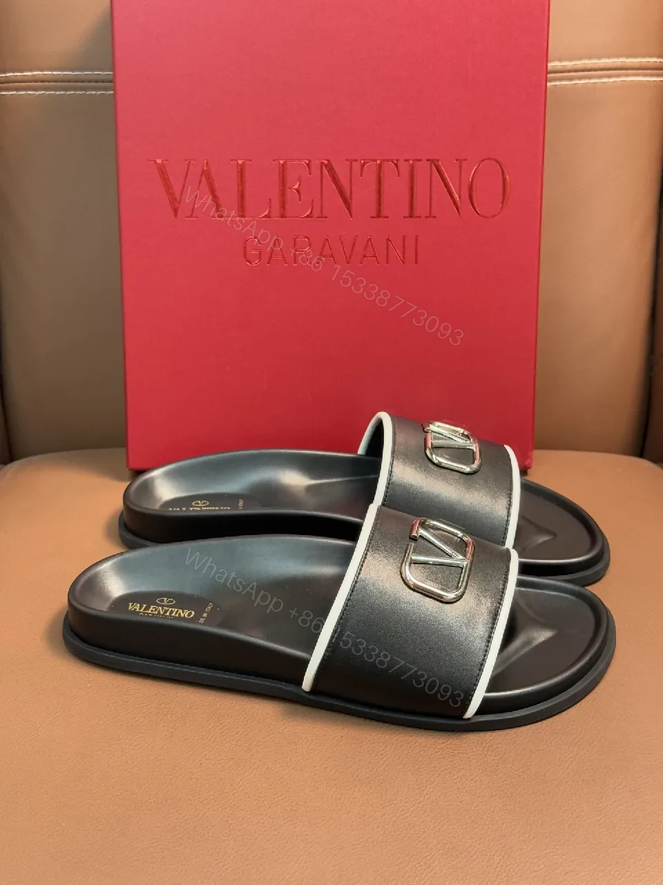 View 2 of Black Leather Slide with Contrast piping, Comfort, Designer-Inspired Slide