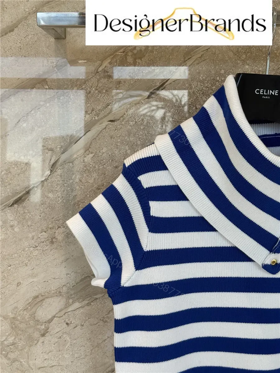 View 4 of Celine Classic Striped High-Neck Short-Sleeve Knit Top