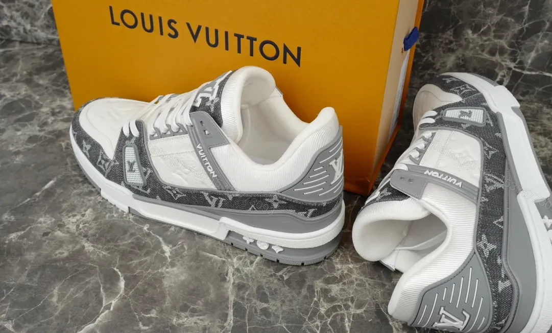 View 4 of White Leather Gray LV-Style Modern Sneaker with All-Day Comfort