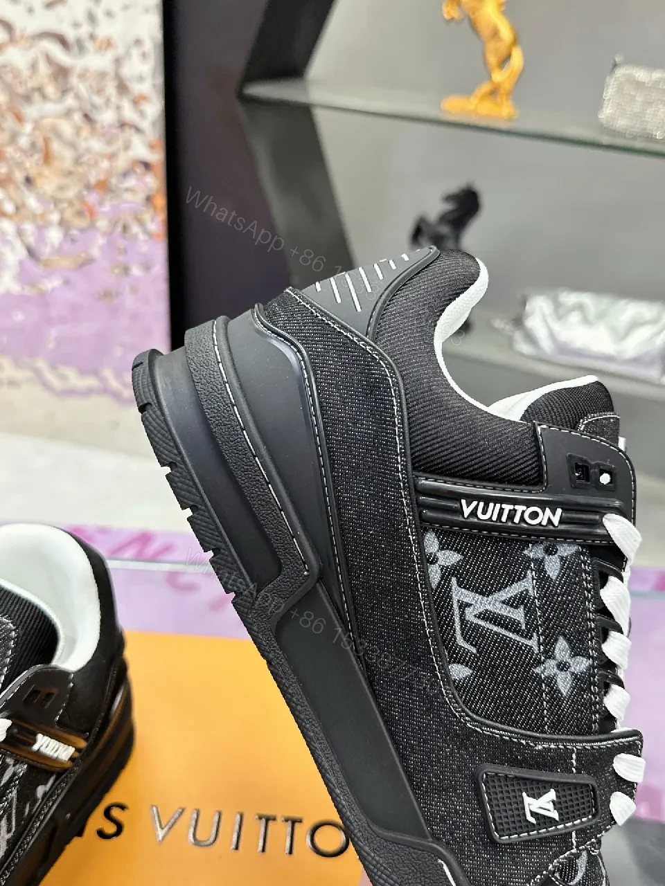 View 2 of Bold Black Denim-Textured Sneakers with LV Monogram
