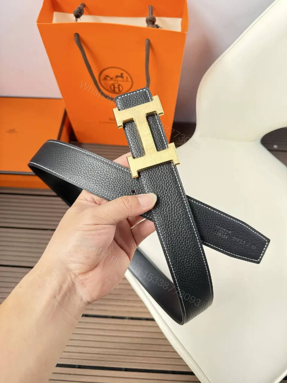 View 6 of Textured Leather Belt with Gold Buckle, Sophisticated Everyday Style