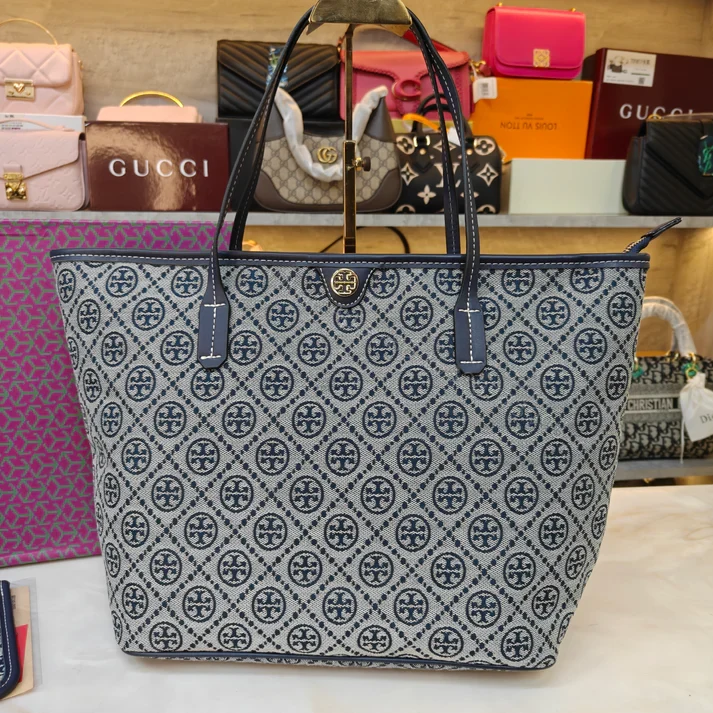 View 8 of First Copy Tory Burch T Monogram Large Zip Tote Bag Navy Blue