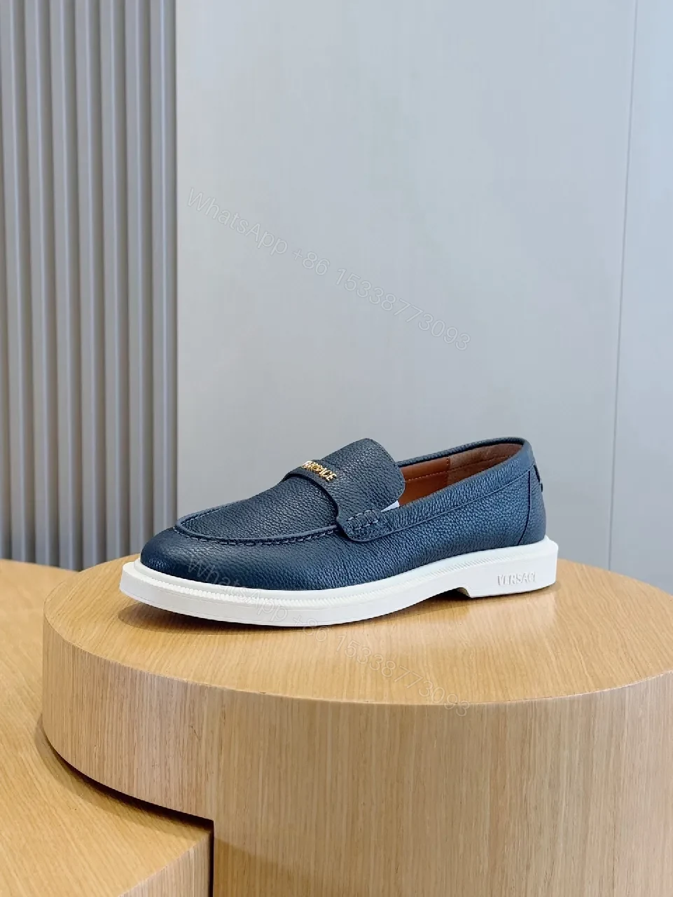 View 8 of Navy Leather Loafers with Luxe Twist, Slip-On, Cushioned Sole