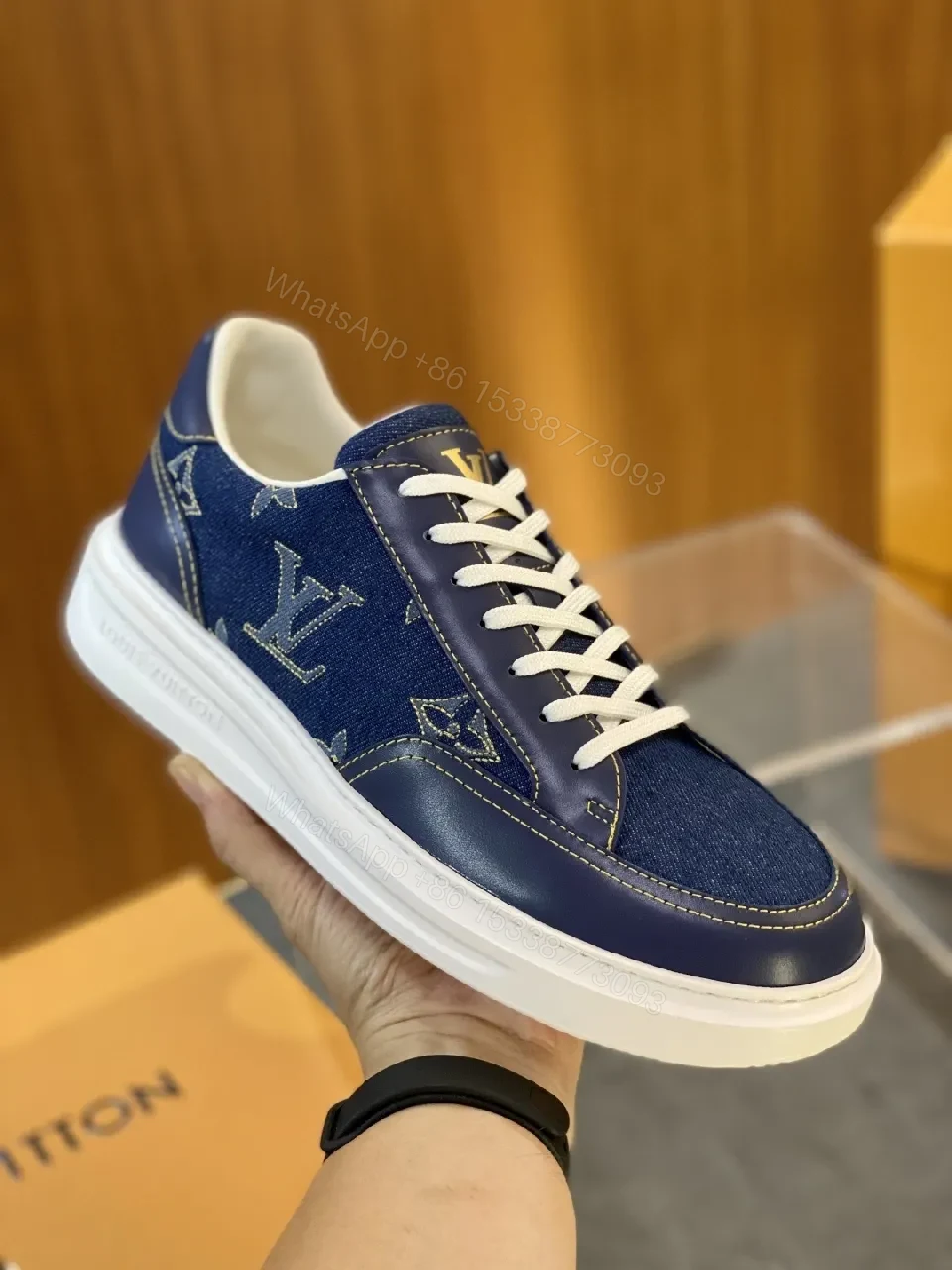 View 3 of Denim Monogram High-Top Sneaker: Subtle Luxe Comfort