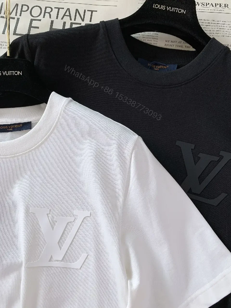 View 4 of Black Solid Cotton Tee, Relaxed Fit, LV Logo Chest Crewneck Shirt