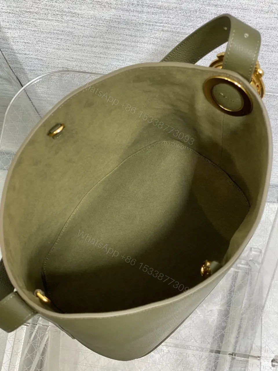 View 3 of Olive Pebbled Leather Satchel with Dior Pattern Card Holder