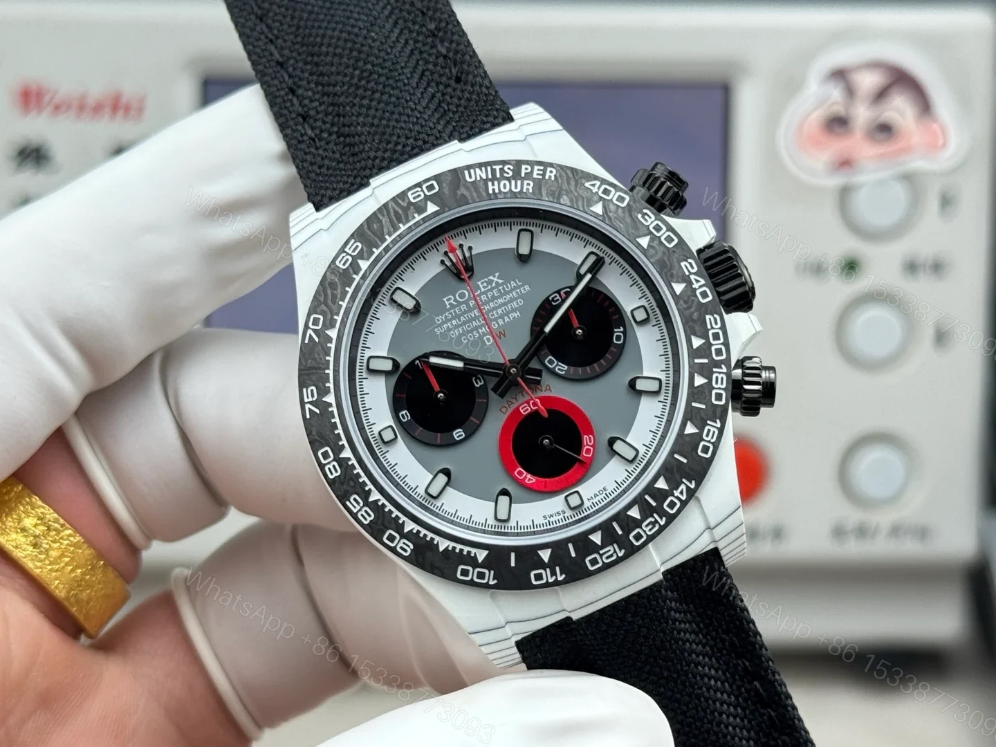 View 2 of Rolex Daytona Carbon Fiber Replica 40MM Premium Black Fabric Strap Custom Edition RG-ROLEX-DAYTONA-BLACK-FIBER