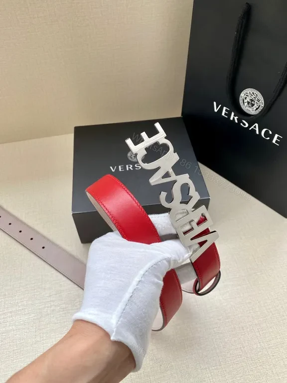 View 2 of Bold Red & Pink Versace Belt with Gold Logo Buckle