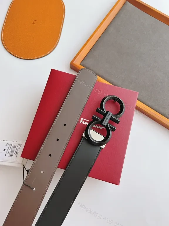 View 7 of Grey Leather Ferragamo Belt with Signature Buckle - Everyday Luxury