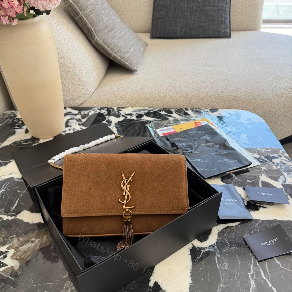 View 2 of Saint Laurent Kate Medium Tassel Crossbody Bag In Brown Suede With Gold Tone 22Cm