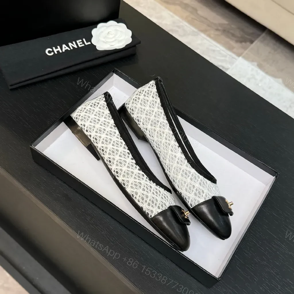 View 5 of Ivory Lace-Trim Black Leather Cap-Toe Ballet Flats with Gold Hardware