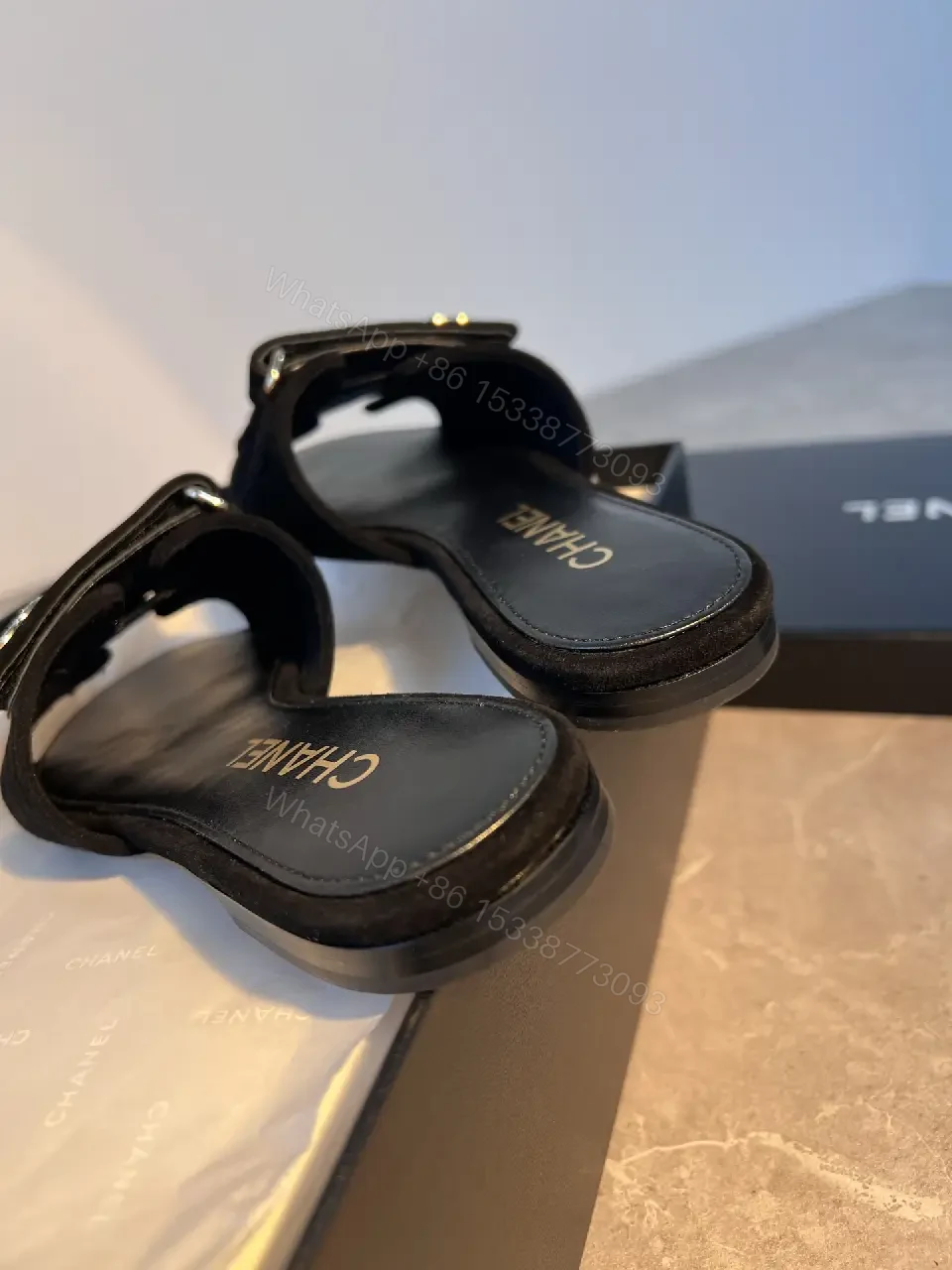 View 6 of Black Velvet Slide Sandals with Signature Hardware