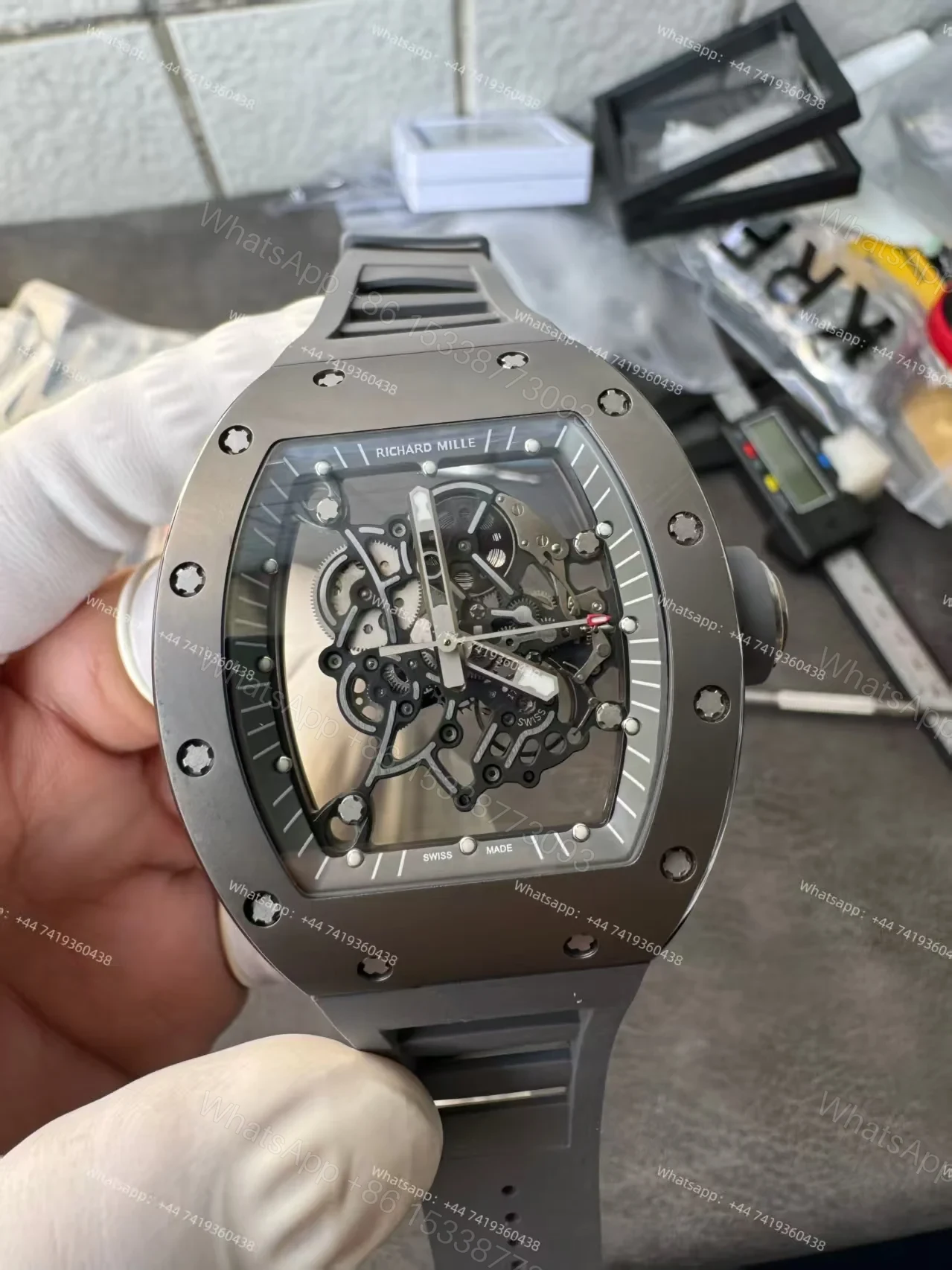 View 9 of Richard Mille RM 055 Grey Ceramic Vaucher Free-Sprung Grey Rubber Strap Custom Super Clone
