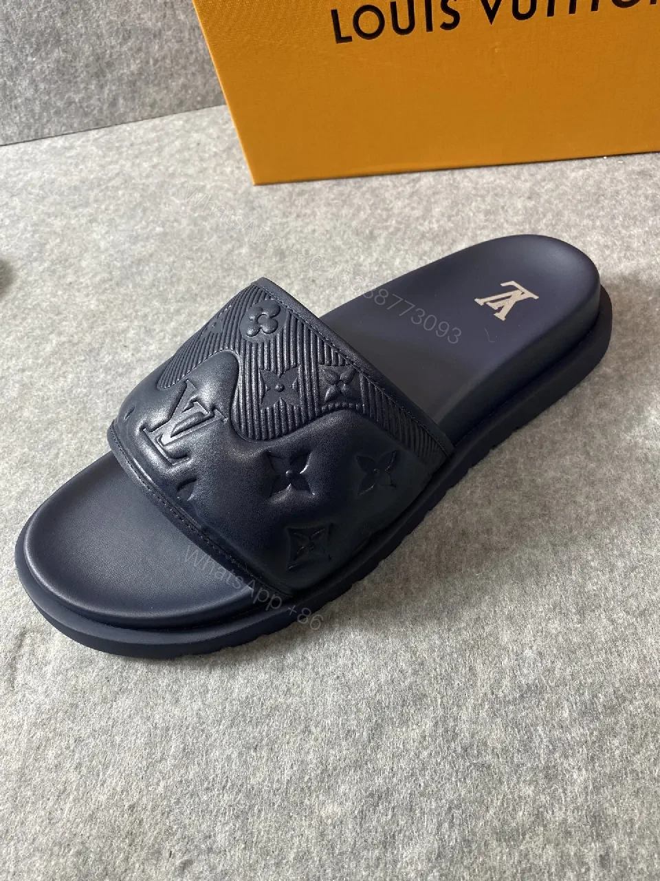 View 3 of Navy Leather Slide: Luxe Minimalist Embossed Comfort Slide