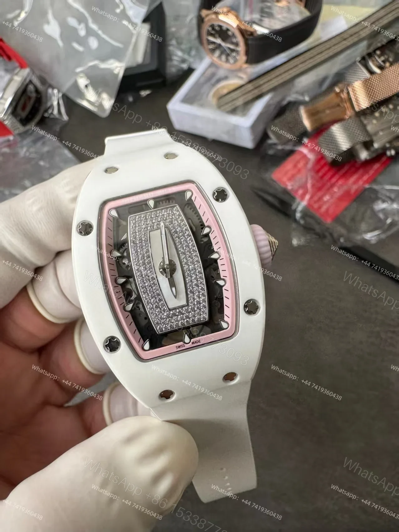 View 4 of Super Clone Richard Mille RM 07-01 White Ceramic Pink Diamond 1:1 Replica Watch