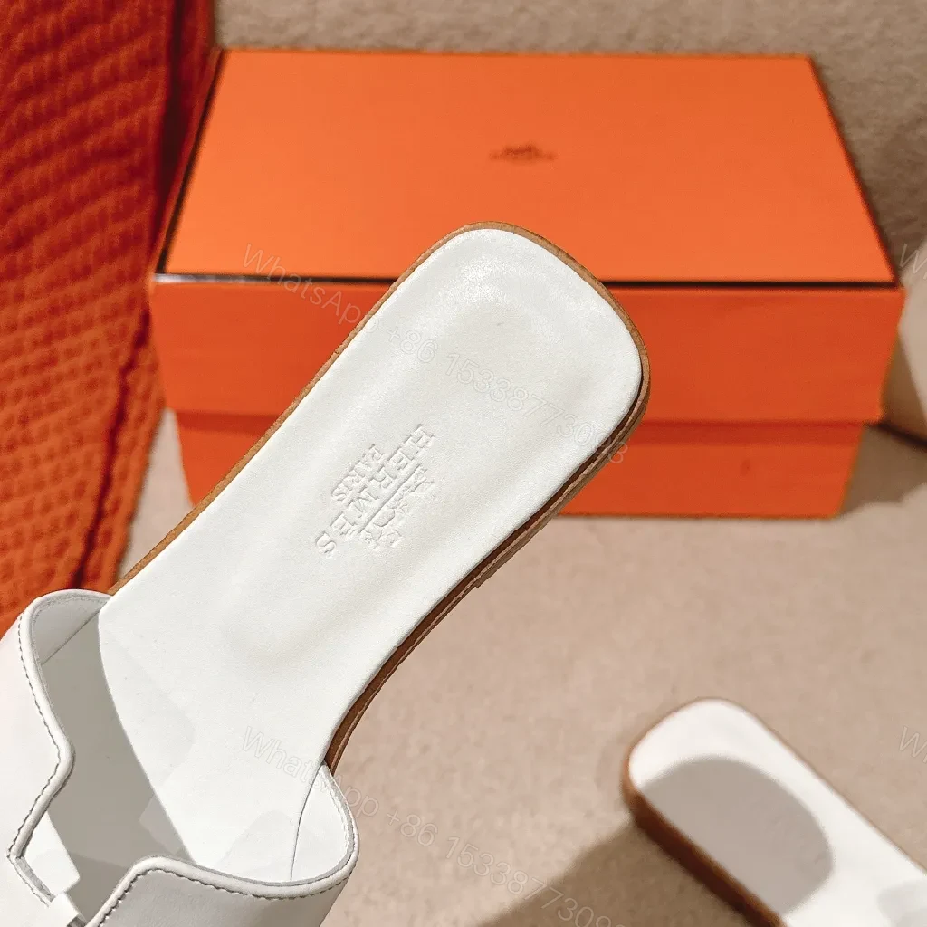 View 4 of White Leather H-Cutout Sandals - Premium Open-Back Slides