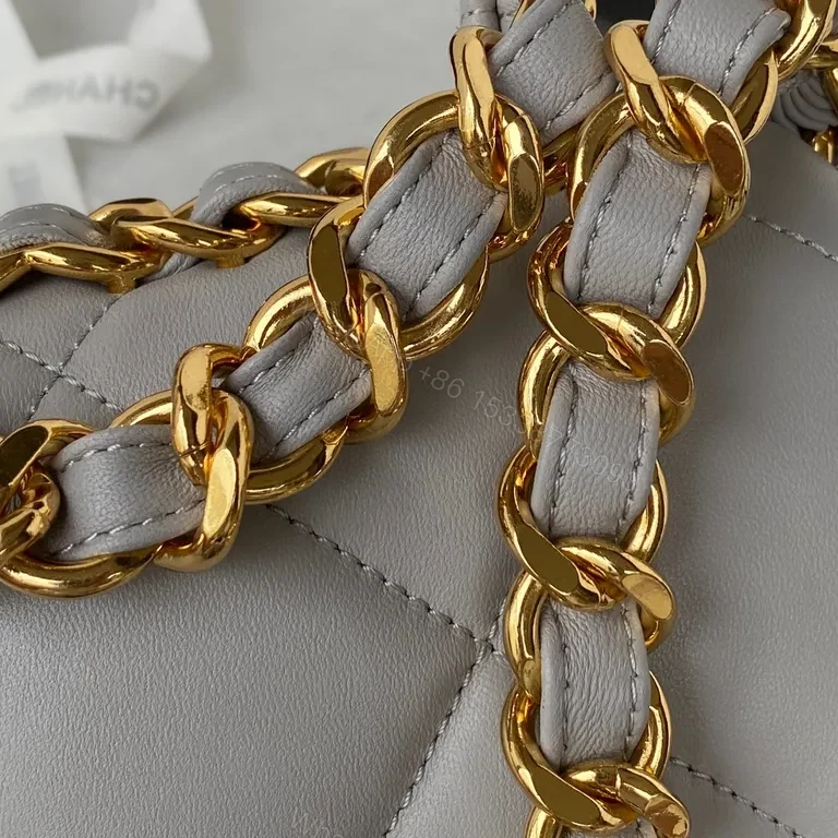 View 5 of Chanel-Inspired Quilted Mini Bag: Gray & Gold Chain Luxury