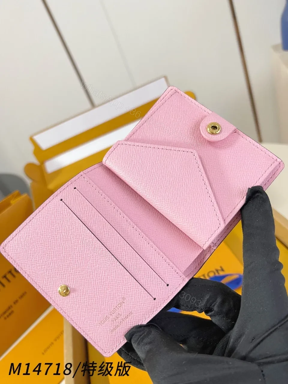 View 3 of Brown Monogram Compact Wallet with Gold Charm, Luxe Style
