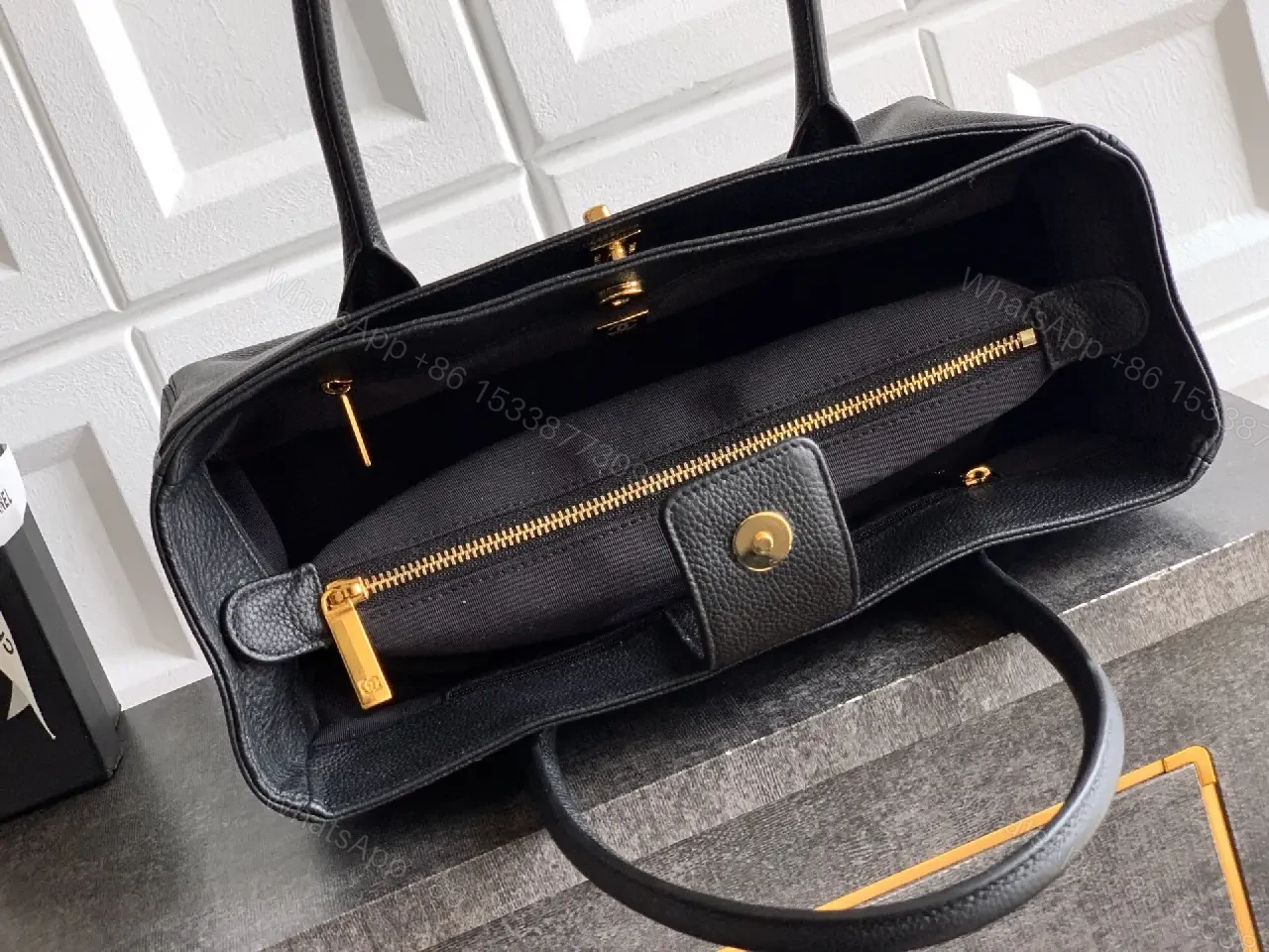 View 6 of Structured Black Leather Tote with Gold Closure Tote