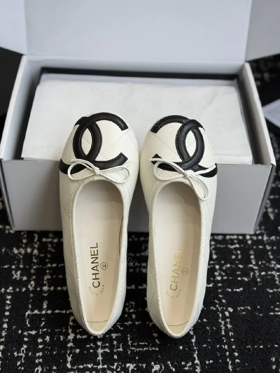 View 6 of Cream Leather Ballet Flats Pearl Bow Chanel Logo