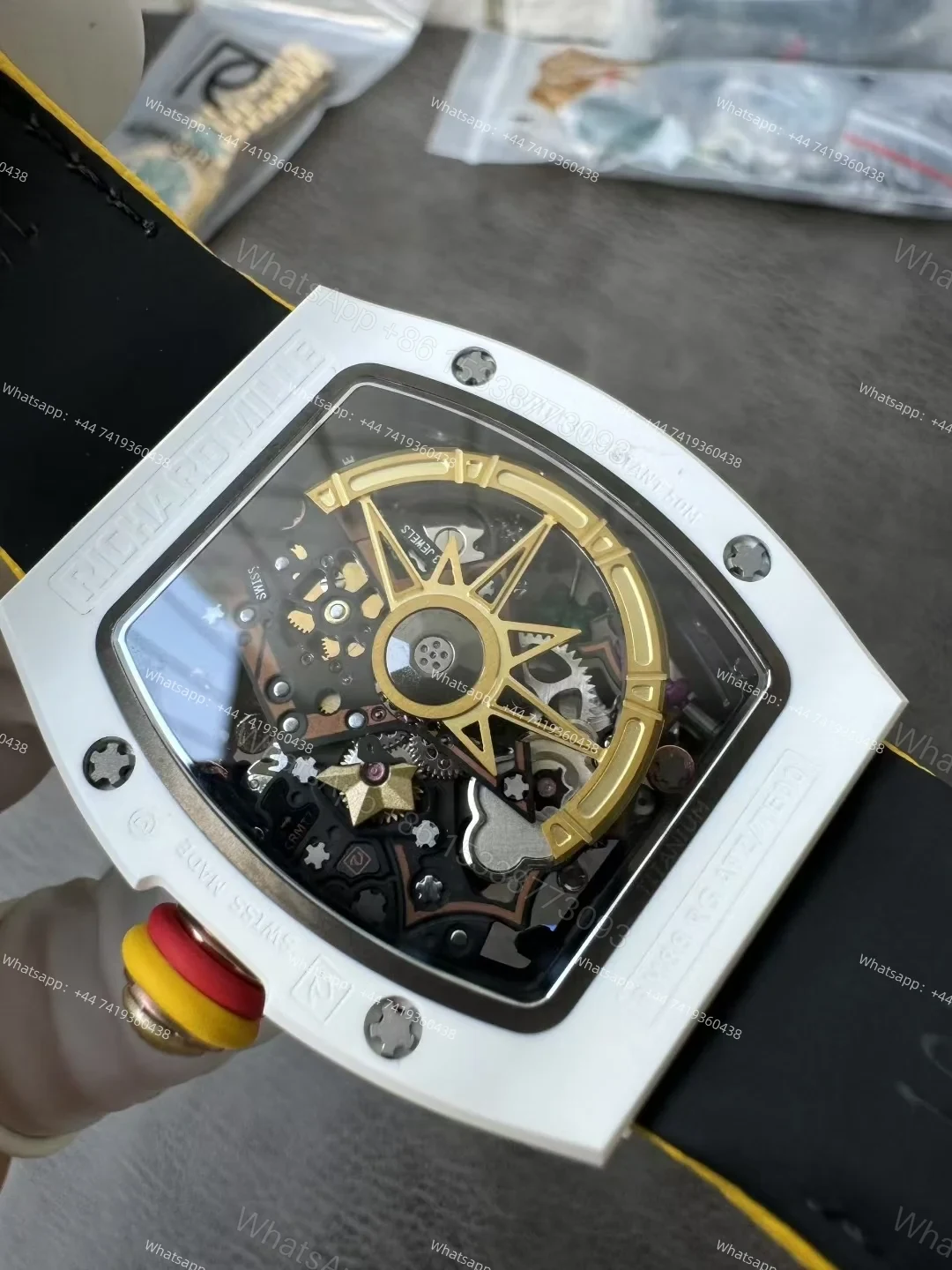 View 8 of Super Clone Richard Mille RM 88 Smiley White Ceramic Yellow Strap 1:1 Replica Watch