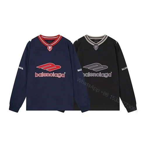 View 11 of Balenciaga Clothes 3B Silhouette Ribbed V-Neck Embroidered & Printed Long-Sleeve T-Shirt Black/Blue