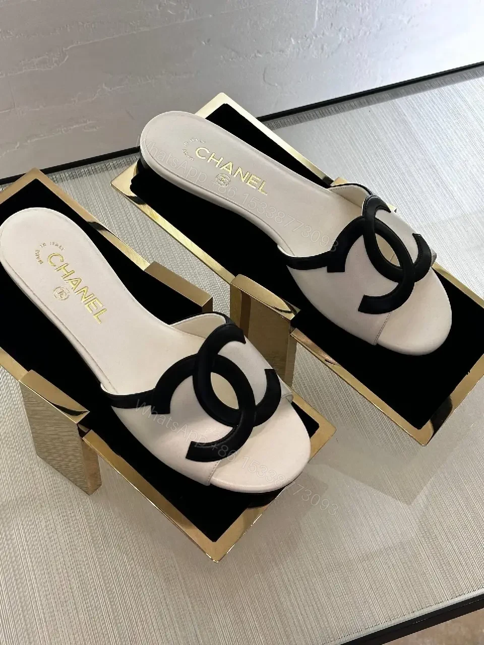 View 8 of Cream Leather Chanel-Style Slide Sandals