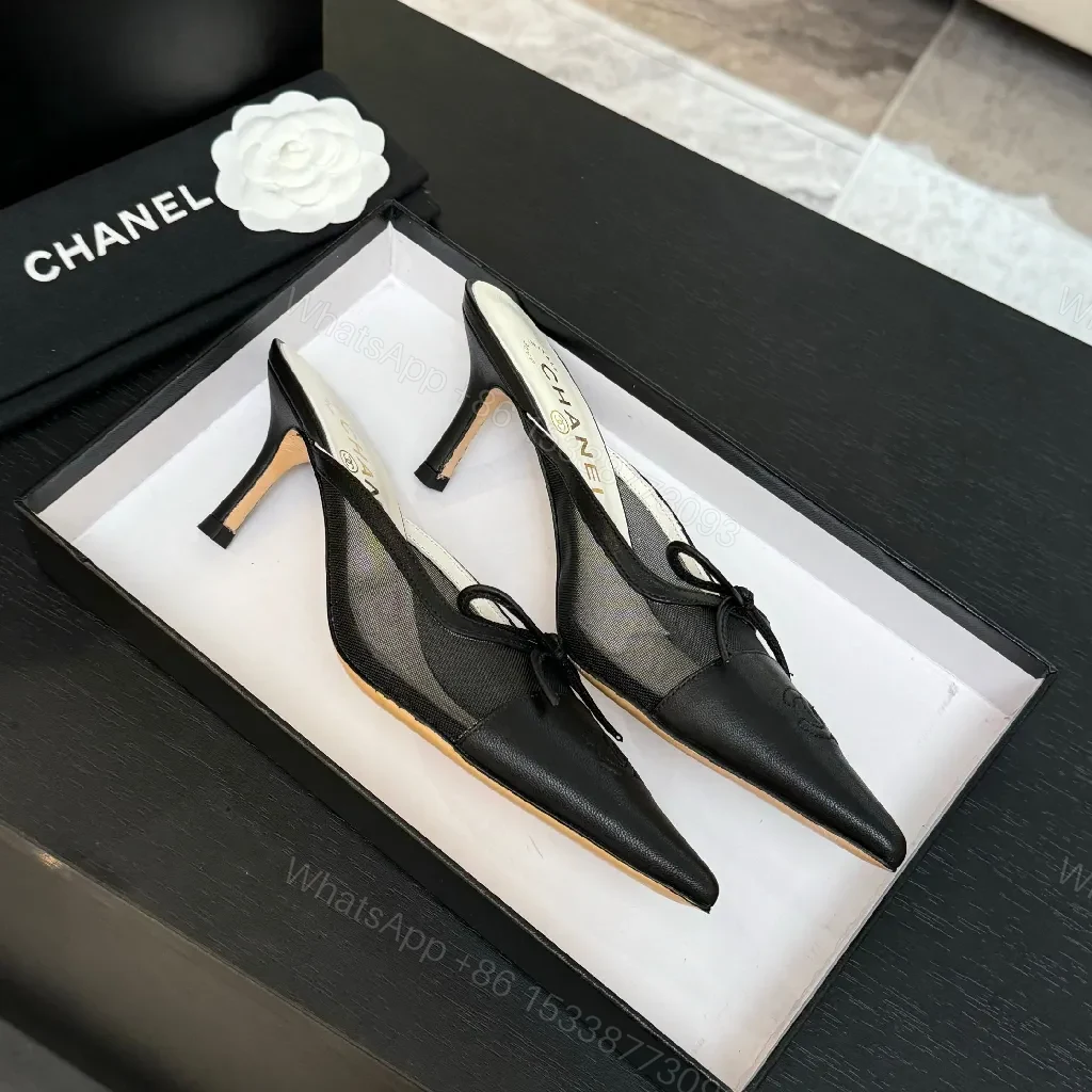 View 3 of Black Leather Mesh Mules, Pointed Toe, Kitten Heel, Luxe Style