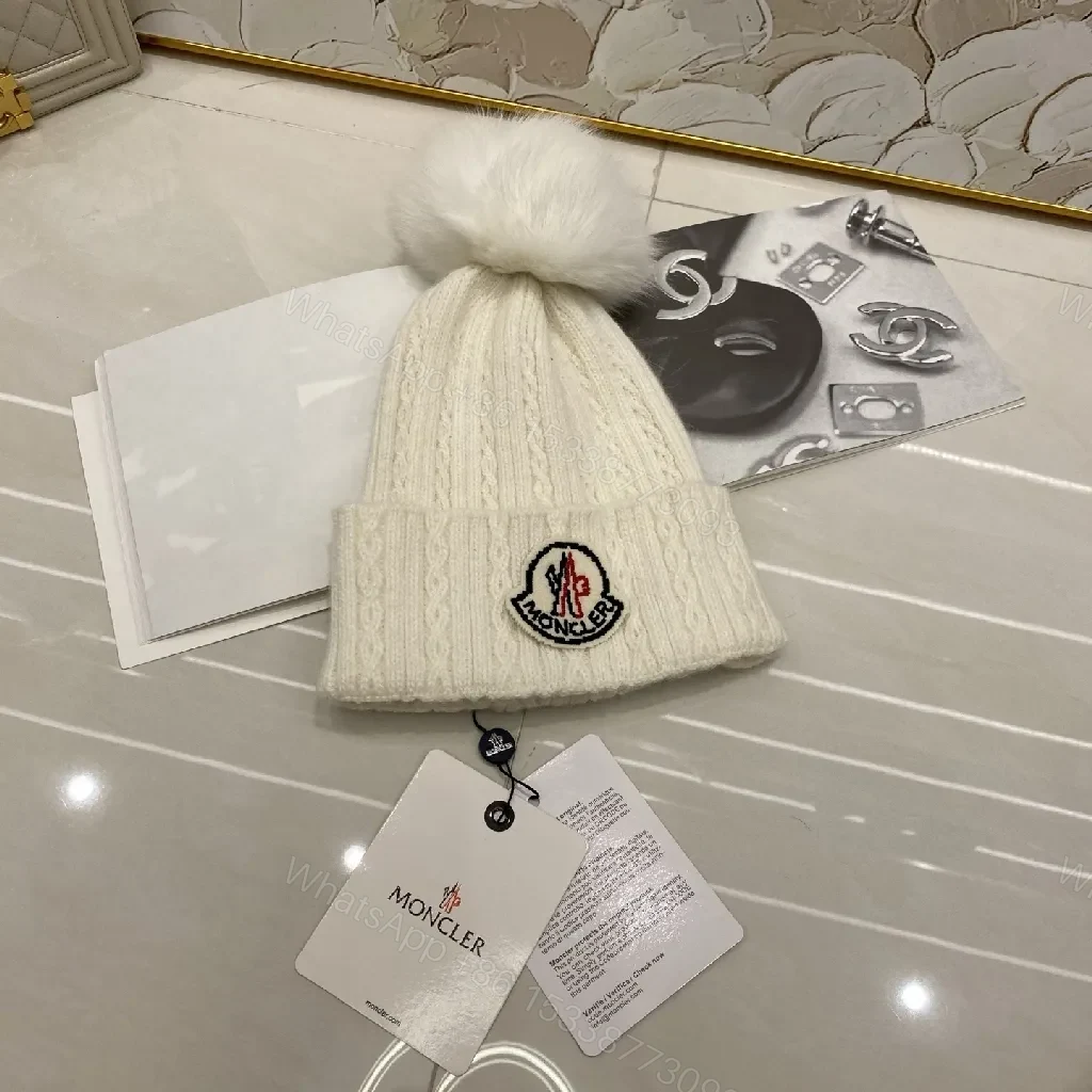 View 3 of Neutral Knit Beanie with Plush Pom and Luxe Patch
