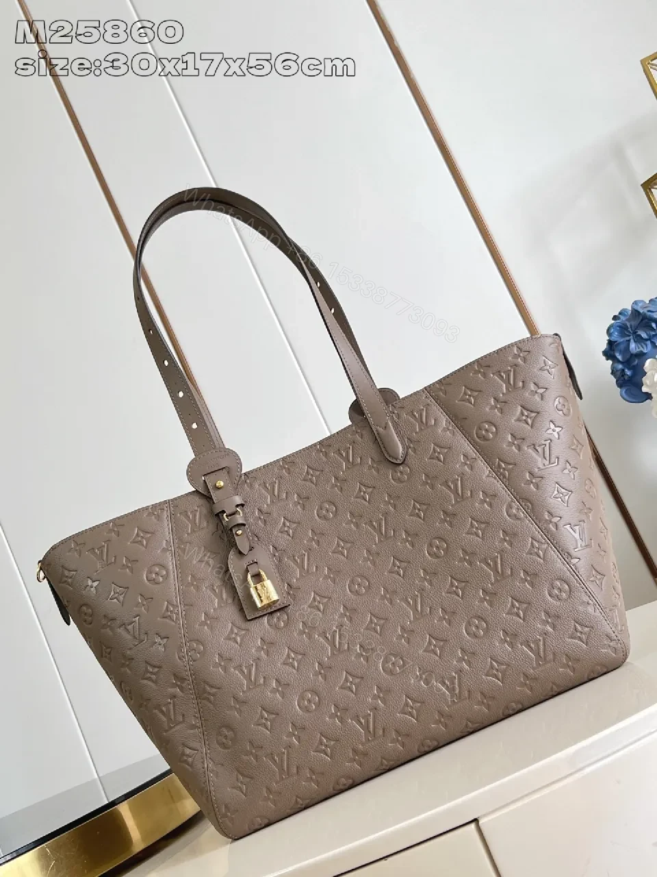 Taupe Leather Tote: Structured Modern Monogram with Secure Hardware — view 1