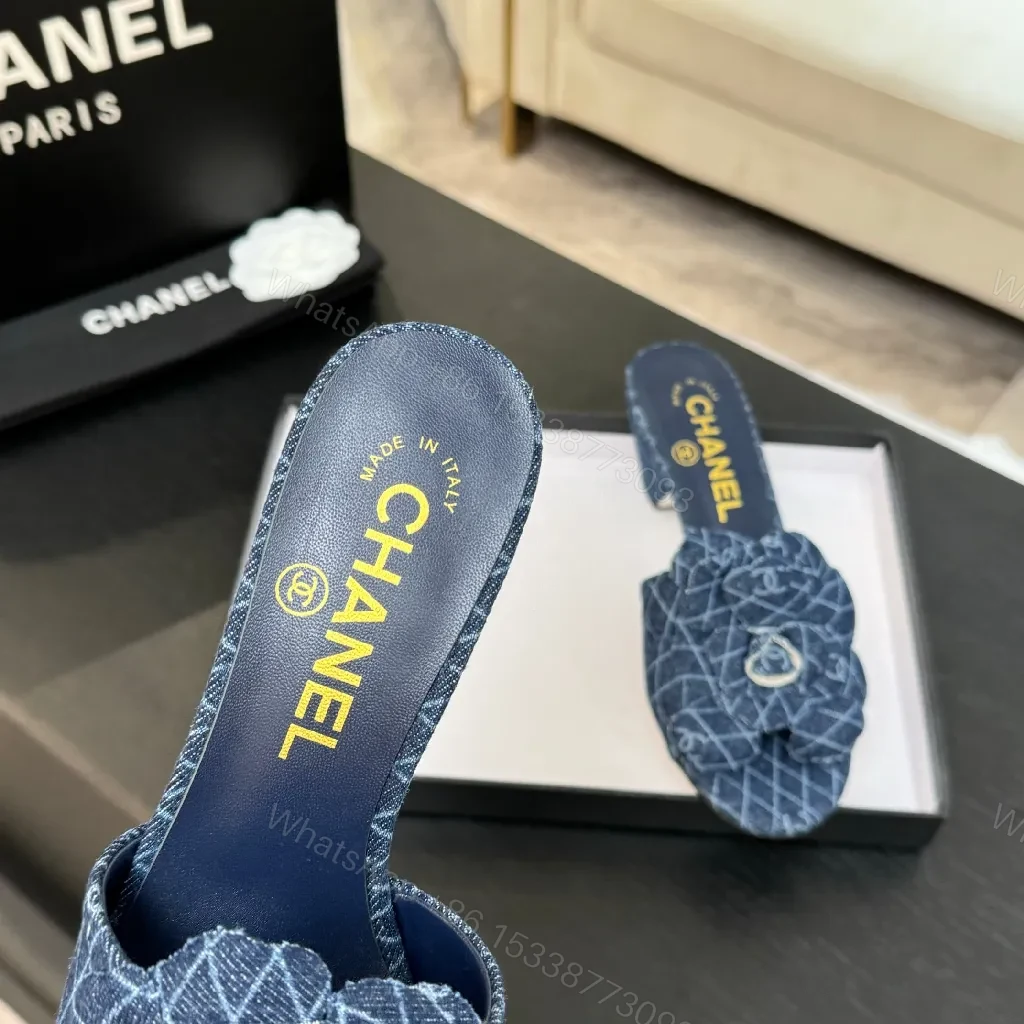 View 7 of Denim-Textured Mule Sandals with Luxe Emblem