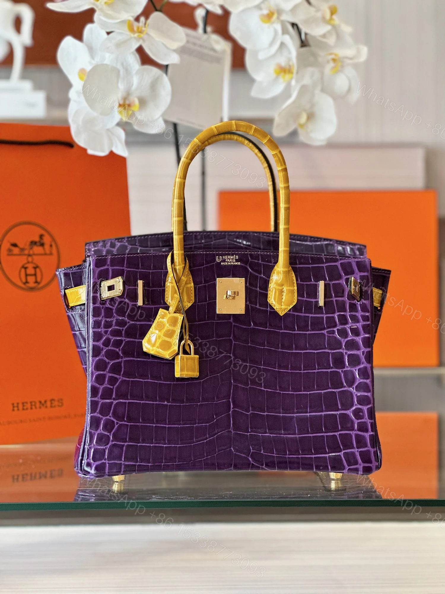 View 7 of Hermes Birkin 30 Purple/Gold Genuine Crocodile Leather Gold Hardware – Custom Made