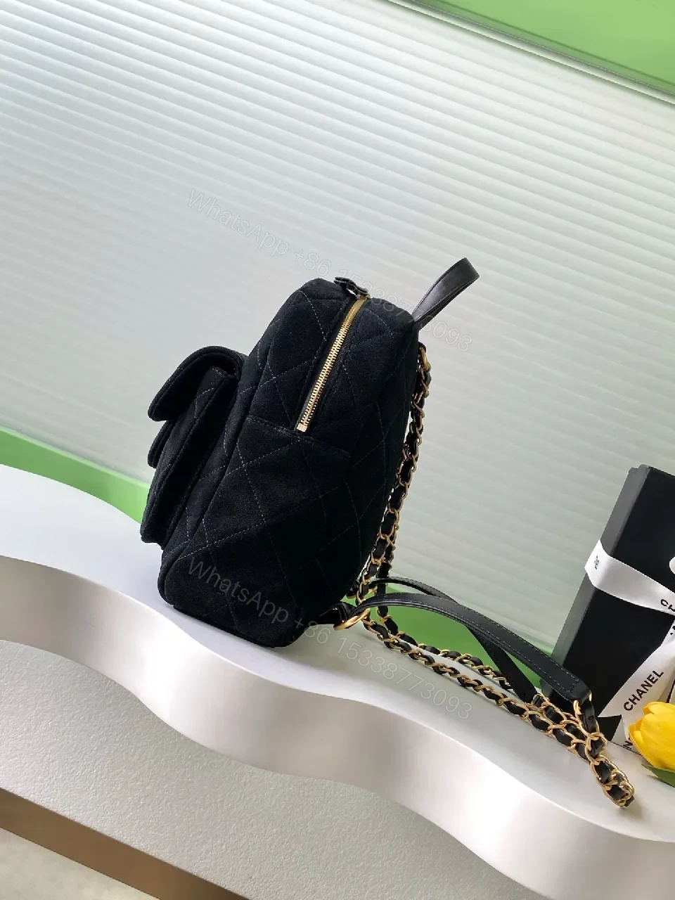 View 2 of Quilted Velvet Backpack with Gold Hardware