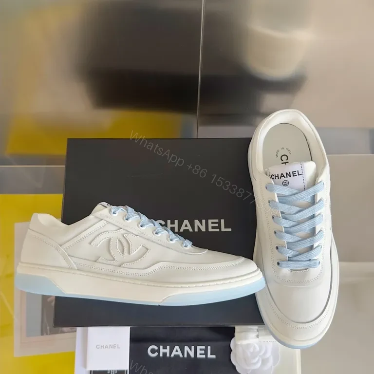 View 2 of Premium White Chanel-Style Leather Sneakers with Light Blue Laces