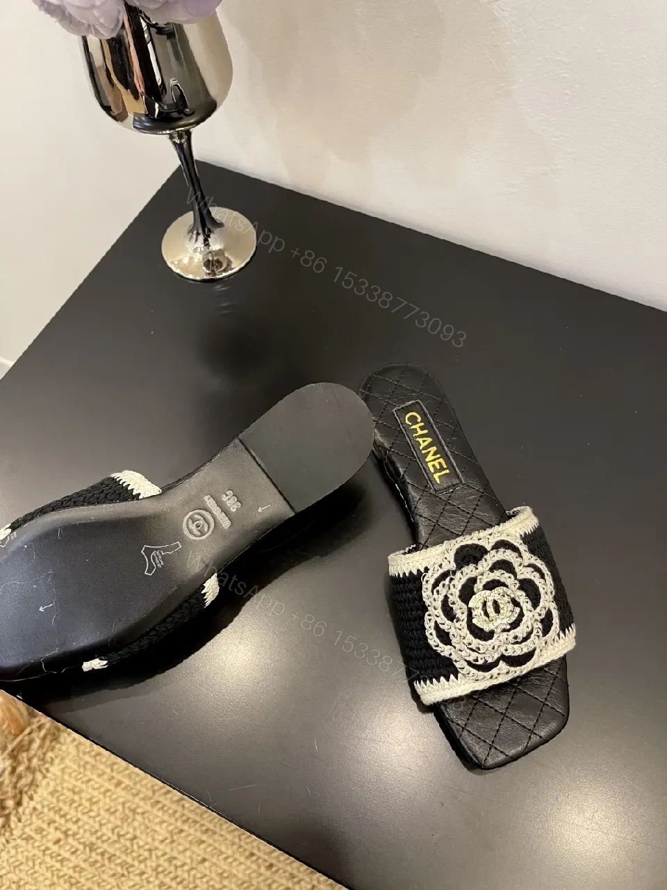 View 7 of Black Quilted Slide with Crochet Camellia Detail - Open-Toe Comfort