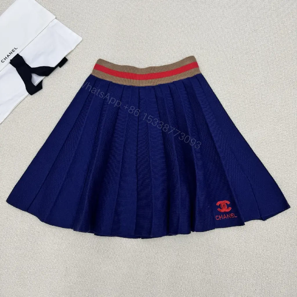 View 4 of Navy Knit Set: Pleated Midi Skirt & Striped-Detail Top
