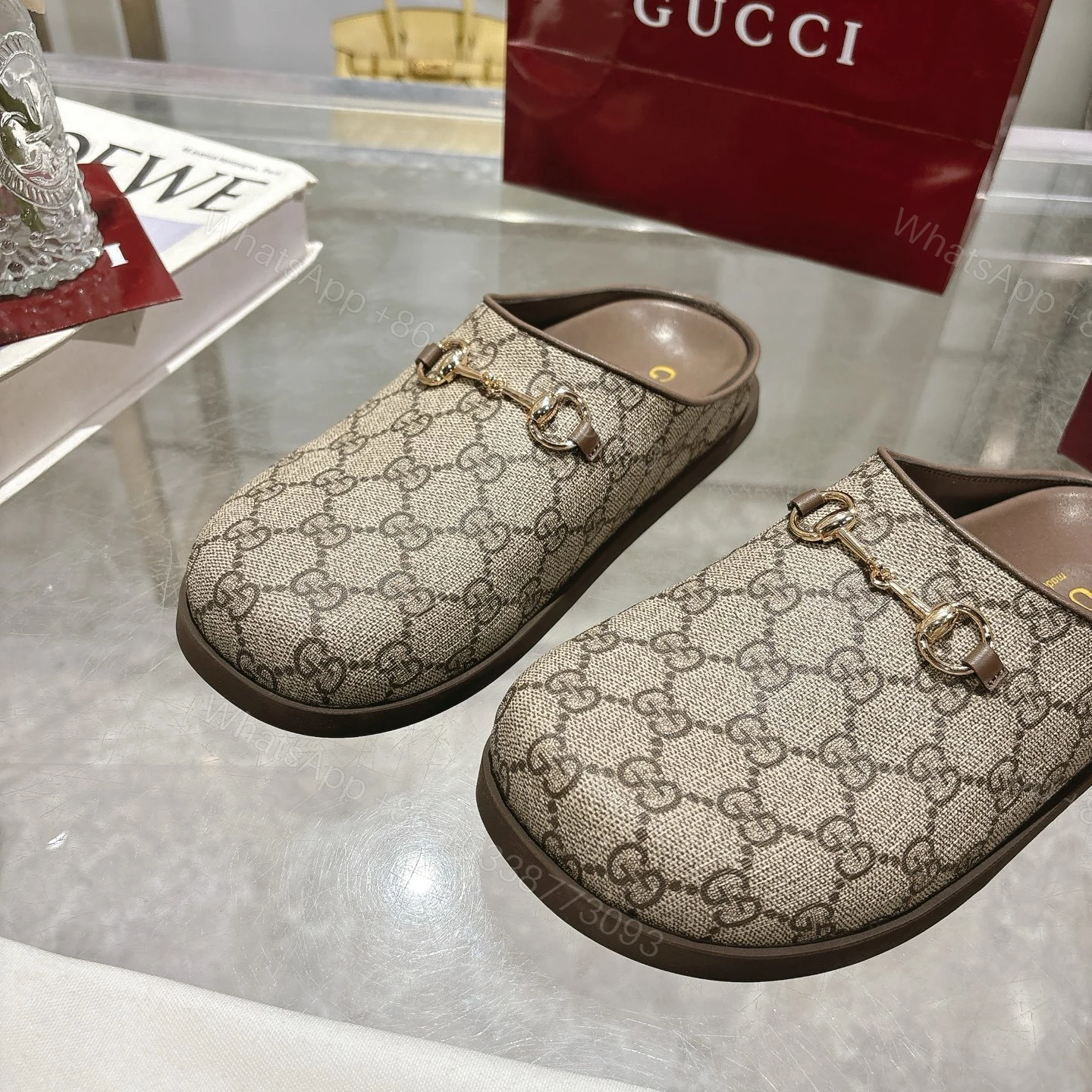 View 9 of GUCCI WOMEN MULE WITH HORSEBIT CAMEL AND DARK BROWN GG CANVAS 837130 FAB10 2543
