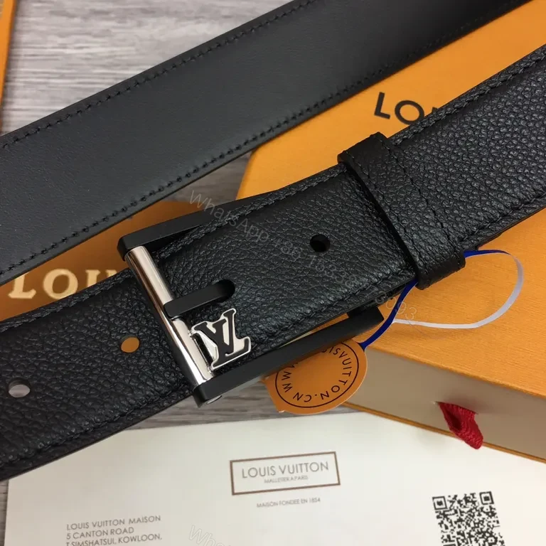 View 5 of Sleek Black Leather Belt with Signature Hardware - LV Emblem System